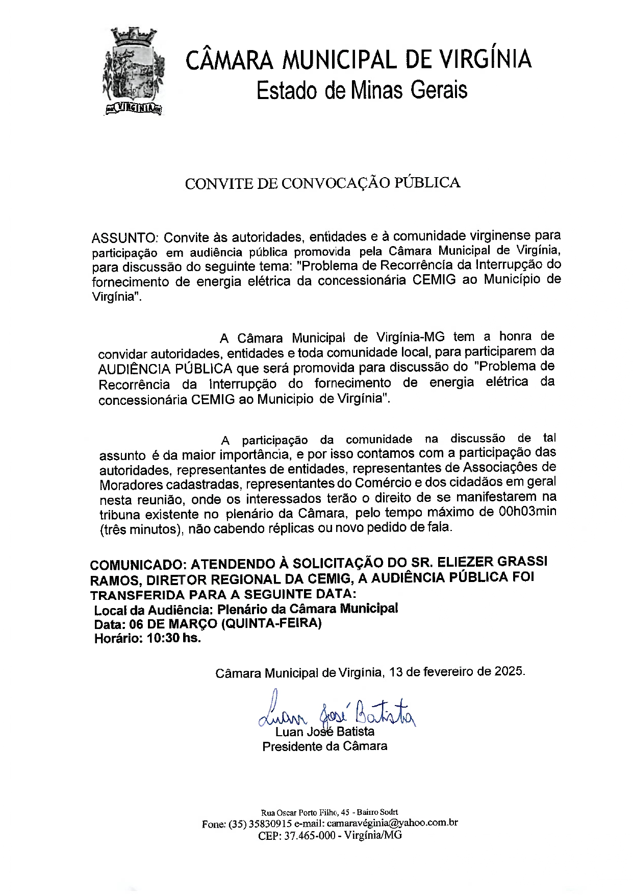 Alteração de data e convocação de Audiência Pública